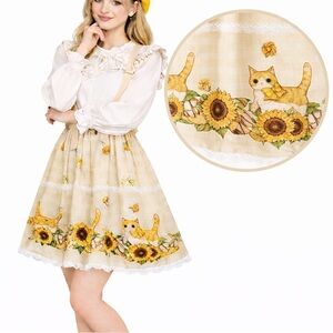 Kawaii Cat Sunflower Gingham Lolita JSK Suspender Skirt Dress Small